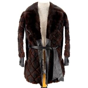 Vtg 60s 70s Mink Leather Belted Coat Jacket S